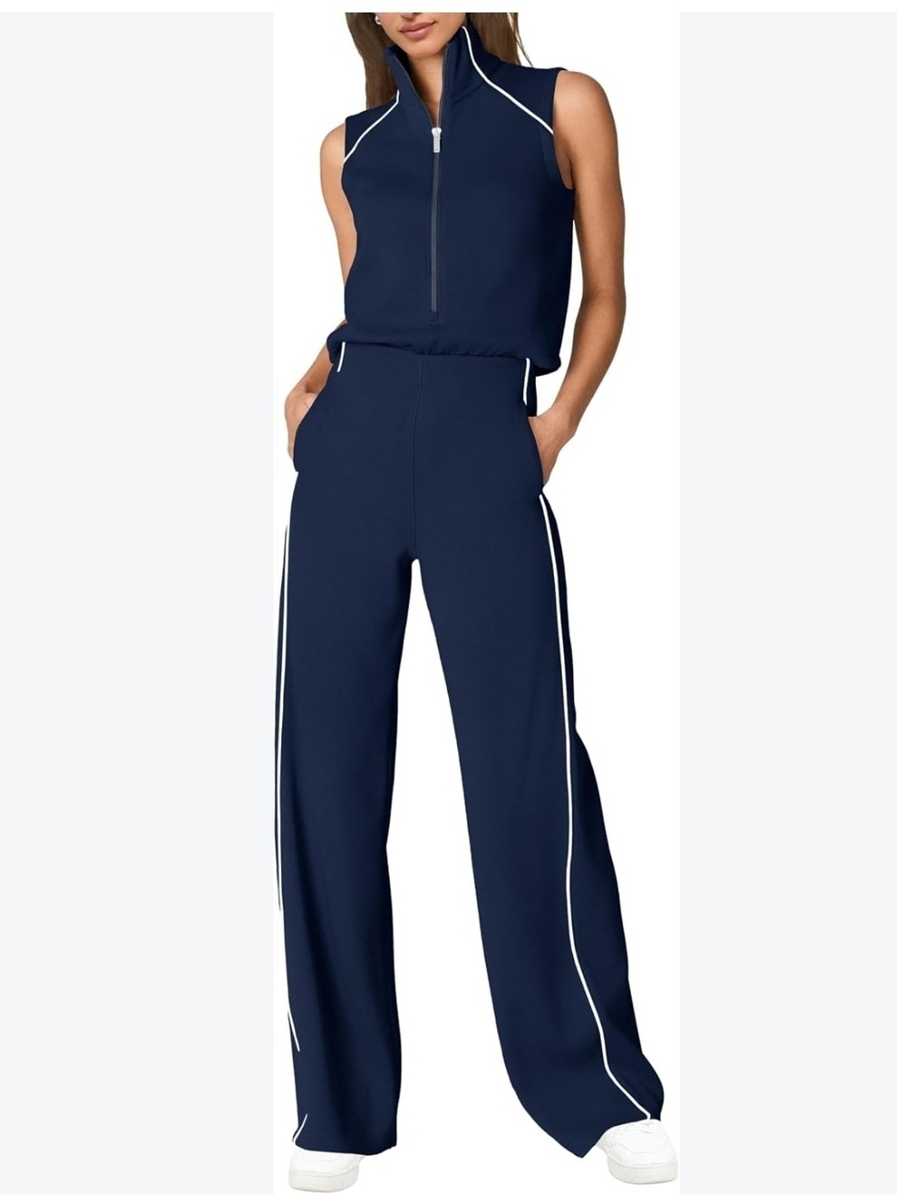 SPANX Navy/White Wide-Leg Sleeveless Half-Zip Mock Neck Jumpsuit XS